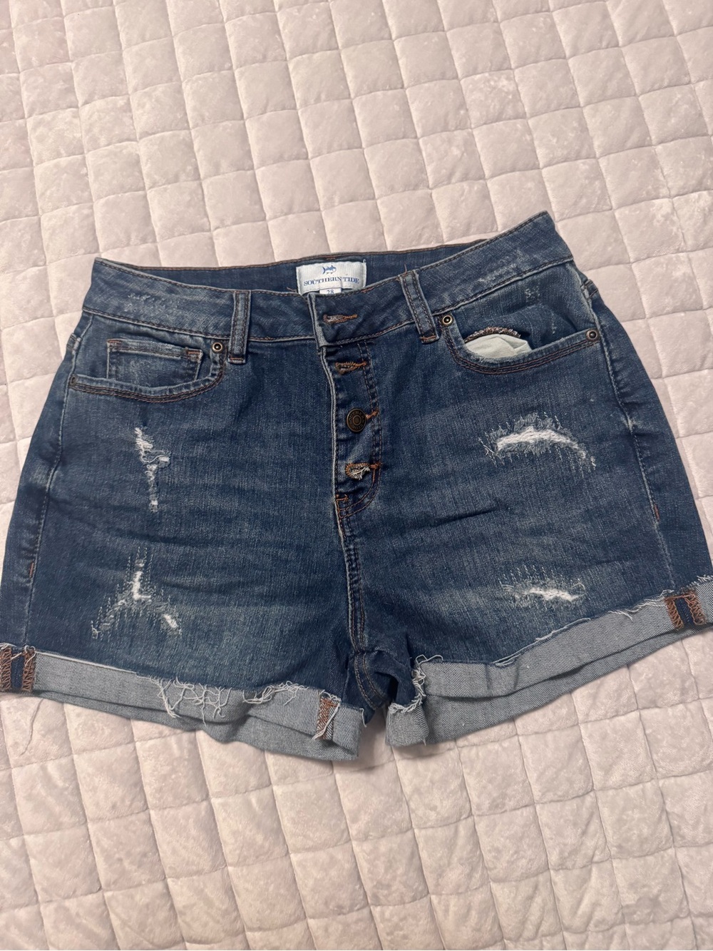 Southern Tide Dark Blue Distressed Denim Button-Front Shorts